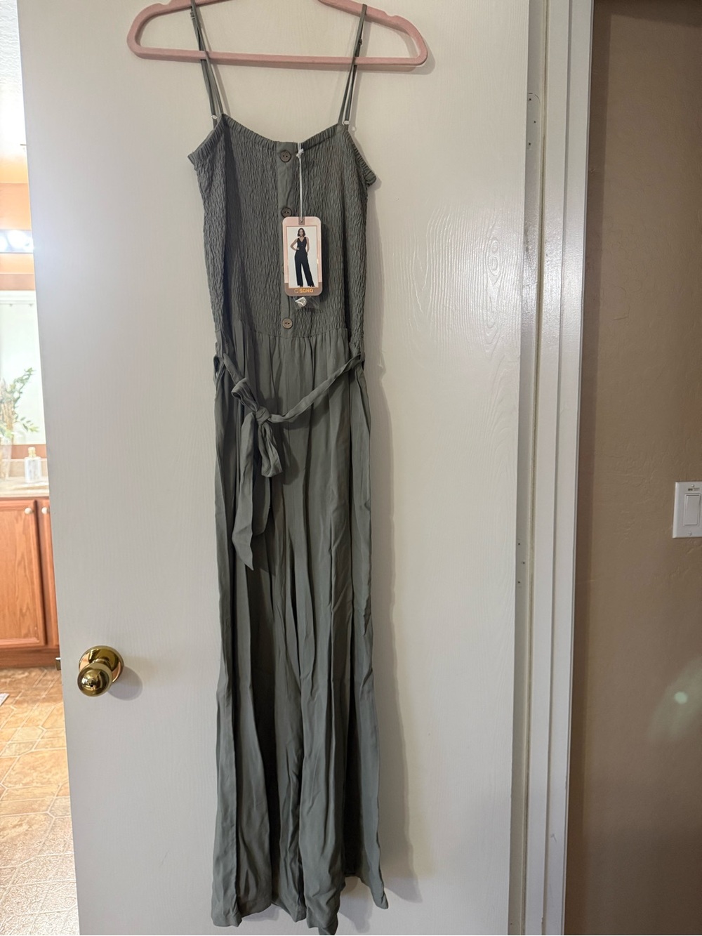 Ci Sono Olive Green Smocked Strap Jumpsuit with Tie Waist